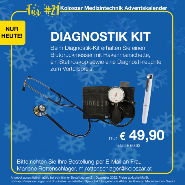 🎄 Türchen #21 🎄

Beim Diagnostik-Kit erhalten Sie einen Blutdruckmesser mit Hakenmanschette, ein Stethoskop sowie eine Diagnostikleuchte zum Vorteilspreis! 🎁

Alle Bestellungen senden Sie bitte schriftlich an Frau Marlene Rottenschlager, m.rottenschlager@koloszar.at.

🌟mit vorweihnachtlichen Grüßen, ✨
das Team der Koloszar Medizintechnik GmbH

#lebensretter
#advent
#adventkalender 
#adventskalender 
#christkind 
#weihnachten 
#aktion 
#dezember 
#nieohnemeinteam 
#koloszarmedizintechnik